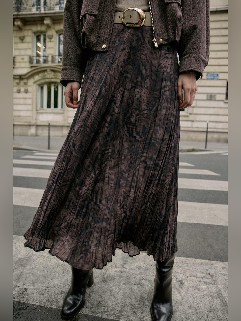 Zara Pleated Maxi Skirt in Dark Brown/Black